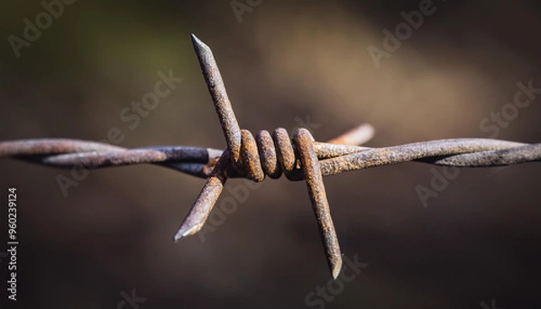 Fototapeta Close-up of rusty barbed metal wire, dark backdrop. Military and security industry