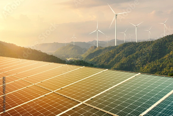 Fototapeta wind turbine with solar panels on top mountain.clean energy.Energy supply,wind turbine,eolic turbine,distribution of energy, Powerplant, Ecosystem and  environment,high voltage supply concept
