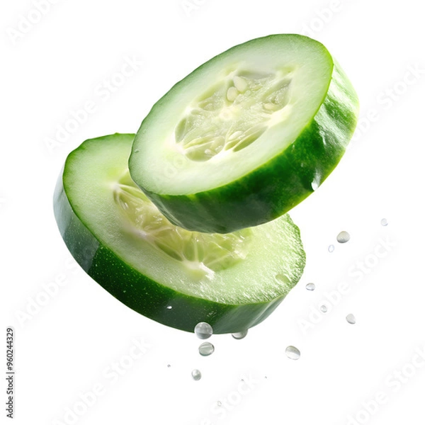Obraz Falling cucumber slice isolated on transparent background