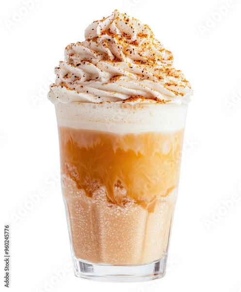 Fototapeta Fall pumpkin latte glass with whipped cream and cinnamon. Delicious coffee based cocktail with pumpkin and caramel syrup and Halloween decor cut and isolated on transparent png background.