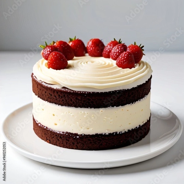 Obraz Layered Vanilla Cake with Strawberries on Top isolated on white background