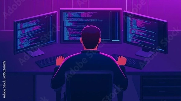 Obraz Programmer debugging database, digital screens, augmented reality, advanced setup