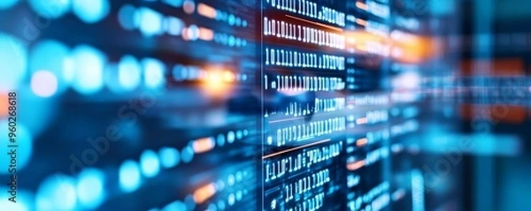 Fototapeta Virtual database session, holographic interface, programmer coding, blue tones