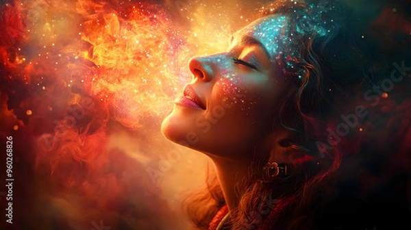 Obraz A woman experiencing a vibrant, mystical explosion of colors.