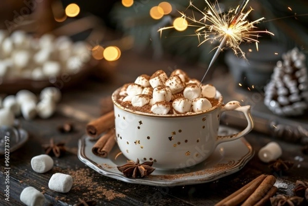 Obraz A cozy cup of hot chocolate topped with marshmallows and a sparkler, evoking a festive winter atmosphere.