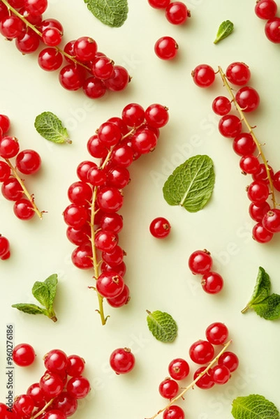 Fototapeta Red currant berries with green leaves on pastel green background viewed from above. 
