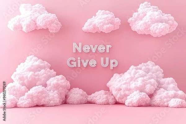 Fototapeta Words 'Never Give Up' made of clouds on a pink background