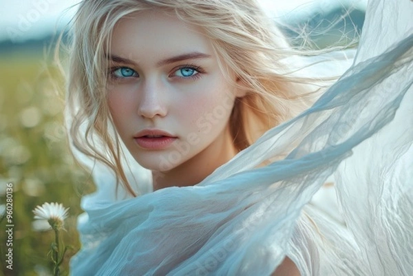 Fototapeta A Slavic blonde-haired girl with blue eyes in nature, wearing a transparent scarf flowing in the wind and white linen clothing, capturing the lightness and beauty of a young woman.