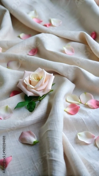 Fototapeta Soft Pink Rose and Petals on Cream Fabric

