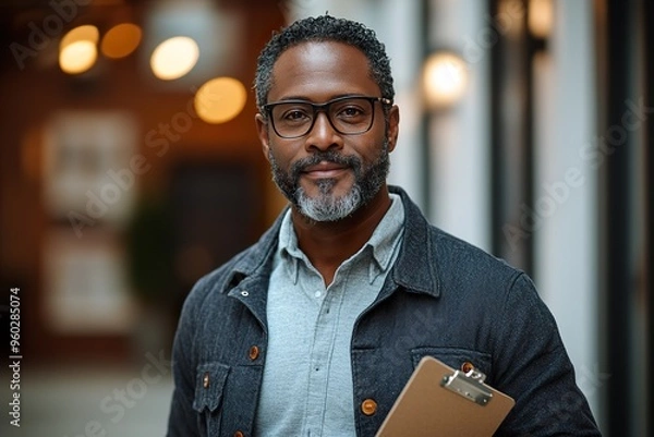 Obraz 45 year old american man volunteering in business casual clothes holding clipboard for a tax preparation. 