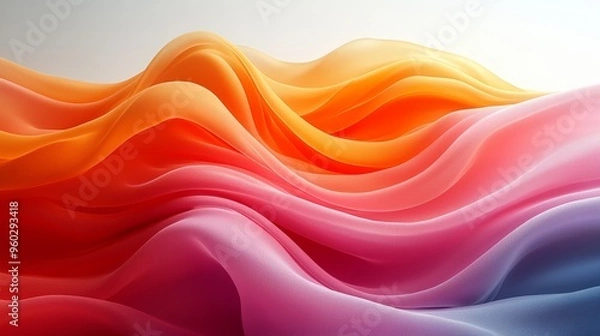 Fototapeta Colorful waves of abstract fabric flow gracefully, showcasing vibrant shades of orange, pink, and red against a soft white background