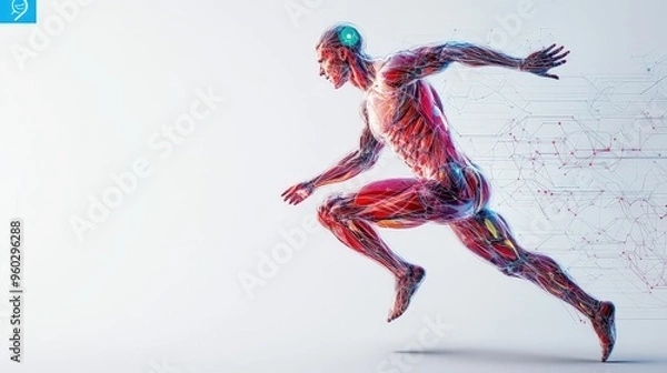 Fototapeta Neural network visualization in athlete body activity concept on plain background for sports science study
