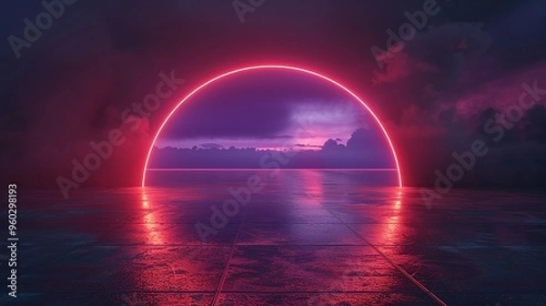 Fototapeta A vibrant neon sunset over calm waters, creating an ethereal atmosphere with rich colors and dreamy reflections.