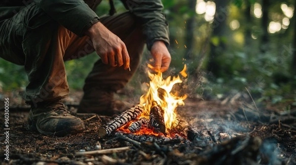 Fototapeta Adventurer tending to a small campfire in the woods, warming hands over the flames as dusk settles. The cozy glow illuminates the forest floor, creating a serene outdoor scene.