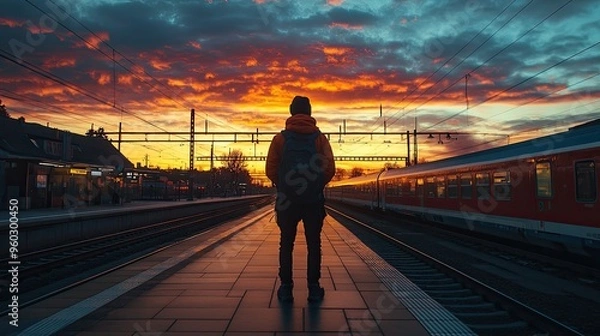 Obraz 78. Person standing at a train station platform at dawn, ready to embark on a new adventure