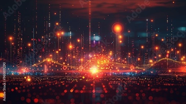 Obraz Big data technology and data science illustration. Data flow concept. Querying, analysing, visualizing complex information. Neural network for artificial intelligence. Data mining. Business analytics