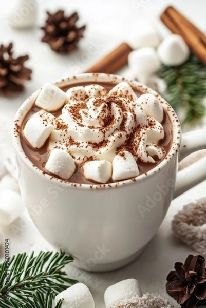 Obraz A cup of rich hot cocoa with whipped cream and marshmallows, photographed in a cozy winter setting