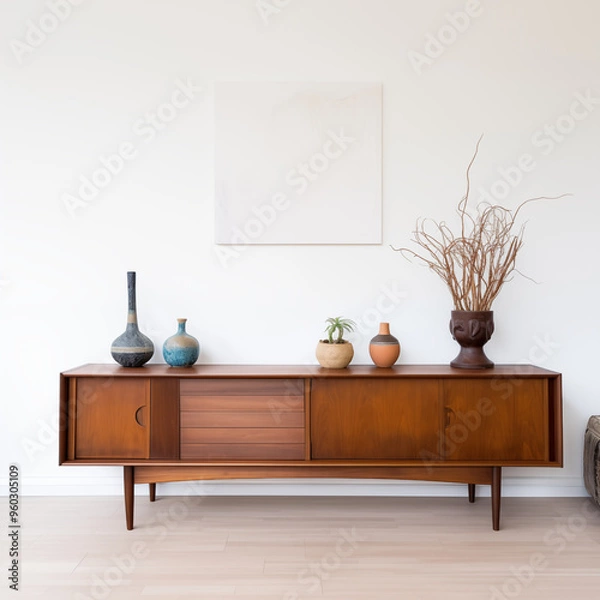 Fototapeta MidCentury Modern Sideboard with Vases and Plants