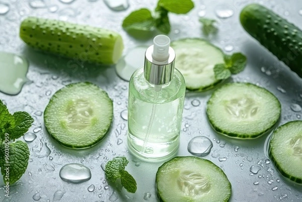 Fototapeta Bottle of facial mist with cucumber slices and mint leaves on a wet surface