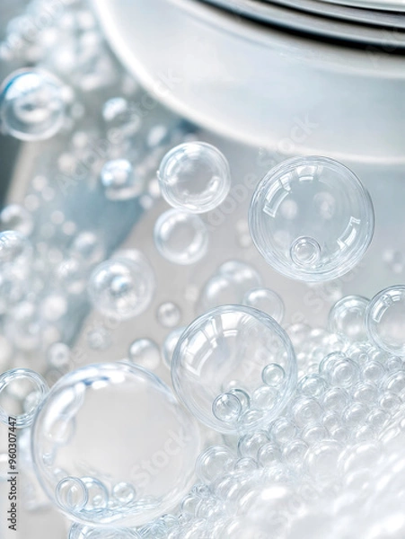 Obraz Looking down onto plates in a kitchen sink surrounded by soap bubbles