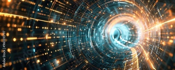 Fototapeta Dynamic tunnel of light showcasing vibrant colors and patterns, symbolizing technology and innovation in a digital universe.