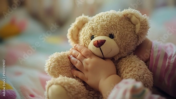 Fototapeta Child’s Hand Holding a Teddy Bear: A small child’s hand clutching a soft, worn teddy bear, with a cozy nursery in the background.
