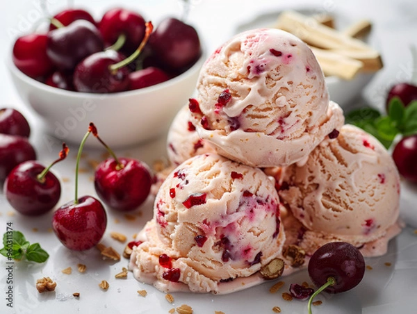 Fototapeta A trio of cherry ice cream scoops, filled with bright cherry chunks, is served on a white surface surrounded by fresh cherries and granola, creating a vibrant and refreshing dessert scene.