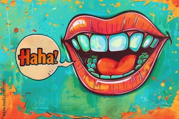 Fototapeta Vibrant Cartoon Mouth Laughing with Colorful Background - Humorous Design for Posters