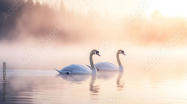 Fototapeta Two Swans in Foggy Lake at Sunrise
