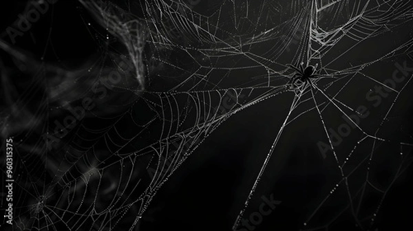 Fototapeta Real creepy spider webs silhouette isolated on black banner panorama - Halloween background template