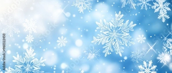 Fototapeta Abstract snowflake pattern on blue gradient background. Vector presentation design using white and blue colors.