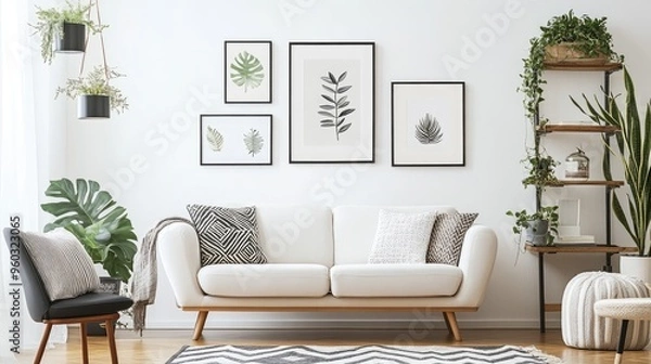 Fototapeta White wall with a set of contemporary picture frames, creating a gallery-like atmosphere in a living room. -