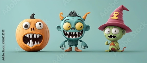 Fototapeta A vector set of 3 Halloween characters in 3d clay design, including a Zombie, a Goblin with the silly face, and an cute Ogre, adorable and festive, isolated on a clean background