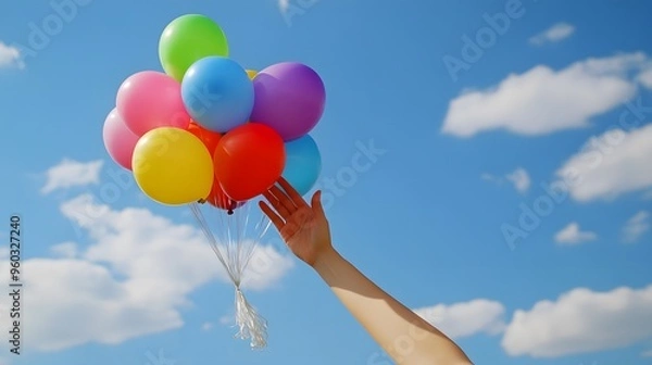 Obraz Hand Releasing Balloons: A hand releasing a bunch of colorful balloons into the sky, symbolizing freedom and celebration. 
