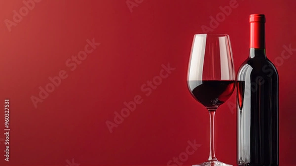 Fototapeta Red wine bottle and glass on red background with copy space for text, perfect for advertising or branding.