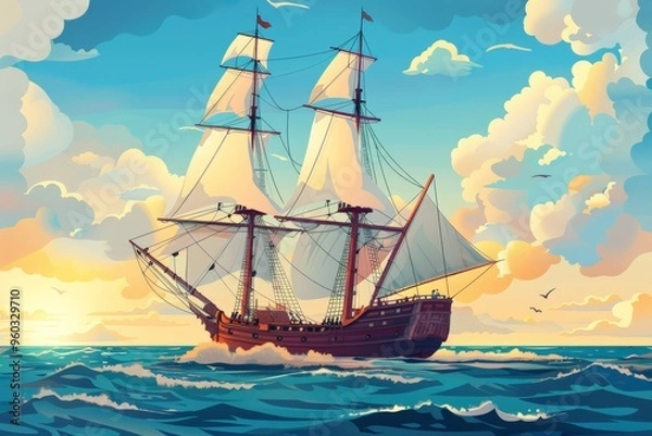 Fototapeta A colorful illustration of a sailing ship at sunset, with warm hues of orange and pink, seagulls, and waves, creating a lively and adventurous scene.