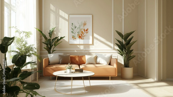Obraz Beautiful House or apartment livingroom interior design for a mockup home decor model concept, Sofa with pillows and abstract poster art, bright sun light coming through windows