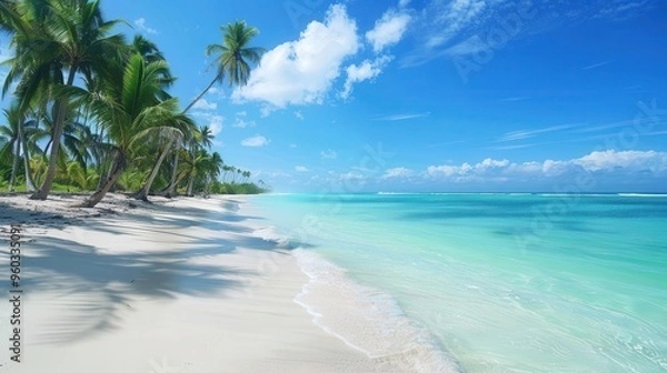 Fototapeta tropical paradise of punta cana pristine white sand beach crystalclear turquoise water swaying palm trees idyllic vacation destination
