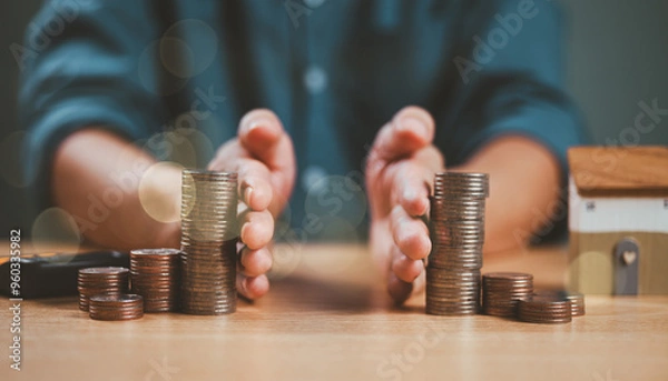 Obraz Divorce law and inheritance separation concept. Hand separate saving money, finance, home loan, debt return. Bank business investment. Man separate stack coin, wood house on table. Inherit division