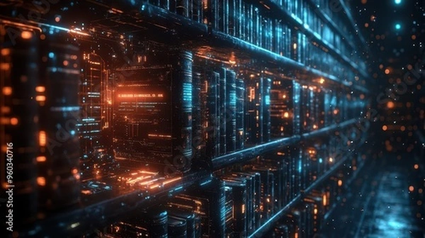 Fototapeta digital realm library within computer circuitry infinite knowledge represented by glowing book spines in a futuristic cyberlearning environment