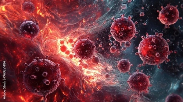 Fototapeta A vivid illustration of viruses in a dynamic, abstract space, highlighting intricate details and vibrant colors.