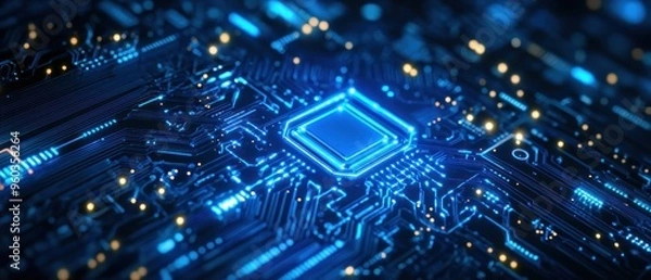Fototapeta Blue Illuminated Circuit Board with Central Processor