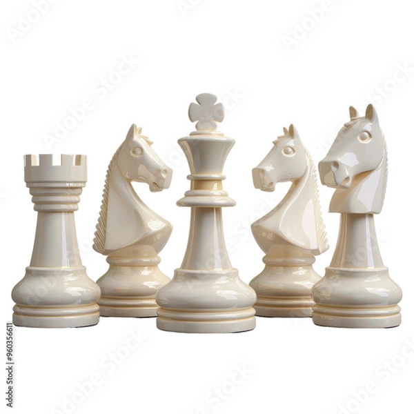 Fototapeta A close-up of elegant ivory chess pieces featuring a king, rook, and two knights, symbolizing strategy and intellect in gaming.