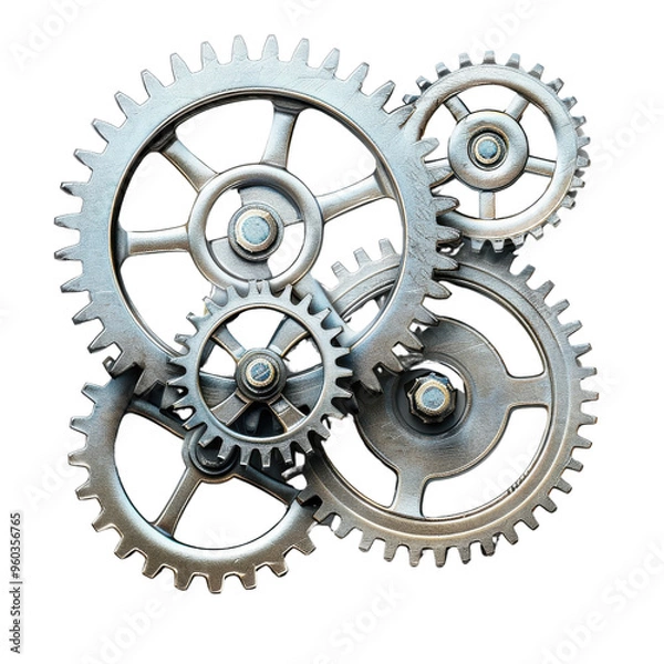 Fototapeta A collection of metallic gears interlocking, symbolizing engineering, mechanics, and industrial design.