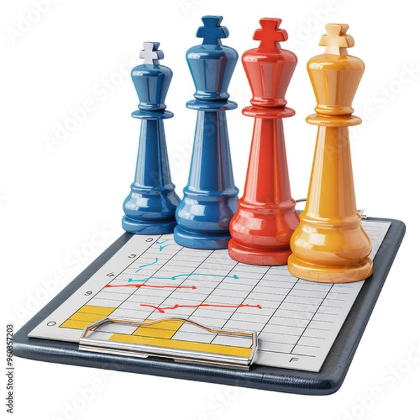 Fototapeta A strategic concept featuring colorful chess pieces on a clipboard with graphs, representing analysis and competition in business.