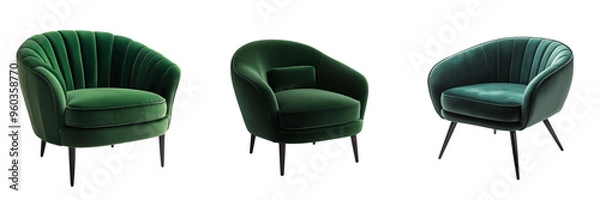 Obraz A chic, velvet accent chair in a deep emerald green color isolated on transparent background