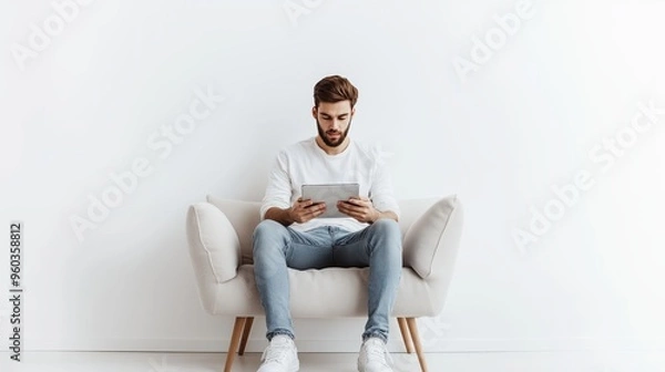 Obraz A man in casual attire wearing sneakers, sitting on a small one-seater sofa, using a tablet, set against a clean white background, 