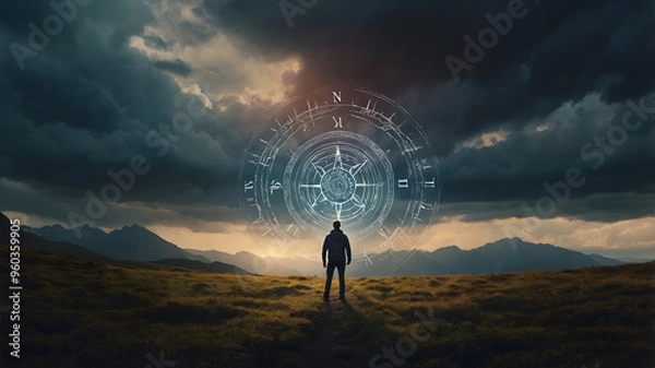 Fototapeta Conceptual Journey of a Man Guided by a Celestial Compass Under a Stormy Sky