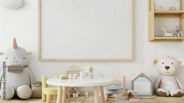 Fototapeta Mock up frame close up in children room a round table, wooden toys, stuffed animals, a unicorn plush, shelves with books and toys, and pastel colors
