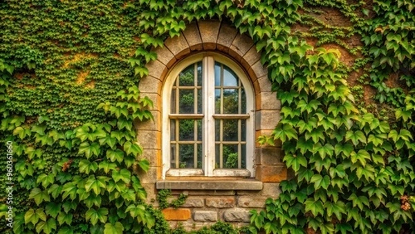 Fototapeta Small arched window on ivy-covered cottage, window, arch, ivy, cottage, house, exterior, architecture, quaint, charming